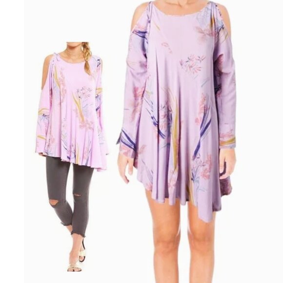 FREE PEOPLE Fall Dress Tunic Clear Skies Lilac Shift Cold Shoulder Floral Large - Picture 1 of 14